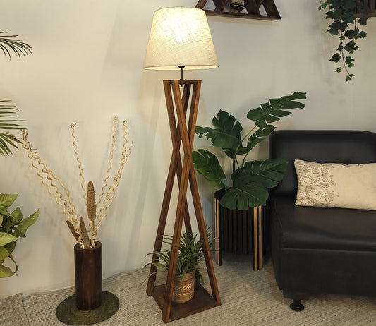 Premium Wooden Decorative Beige Color Fabric Lampshade Floor Lamp